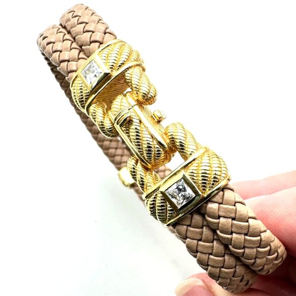 Judith Ripka Bracelet CZ Gold Over Sterling Silver Tan Leather 7.5 Inch - Picture 1 of 4